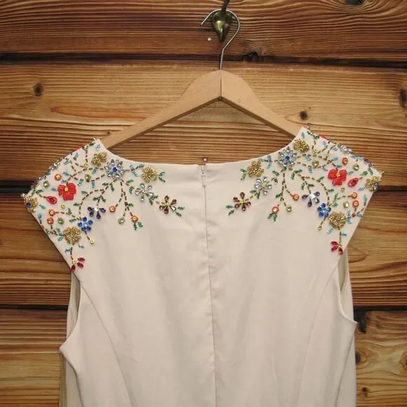 Mac Duggal 26540 Ieena Beaded Cap Sleeve V Neck A Line Gown Dress Cream Size 4 - Picture 12 of 16